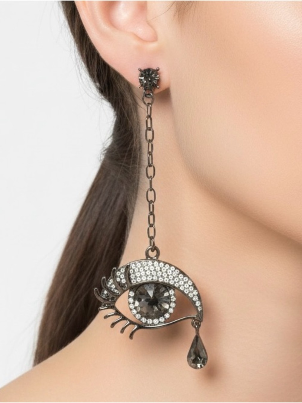 eye candy Gunmetal Crystal Eye Drop Dangle Earrings